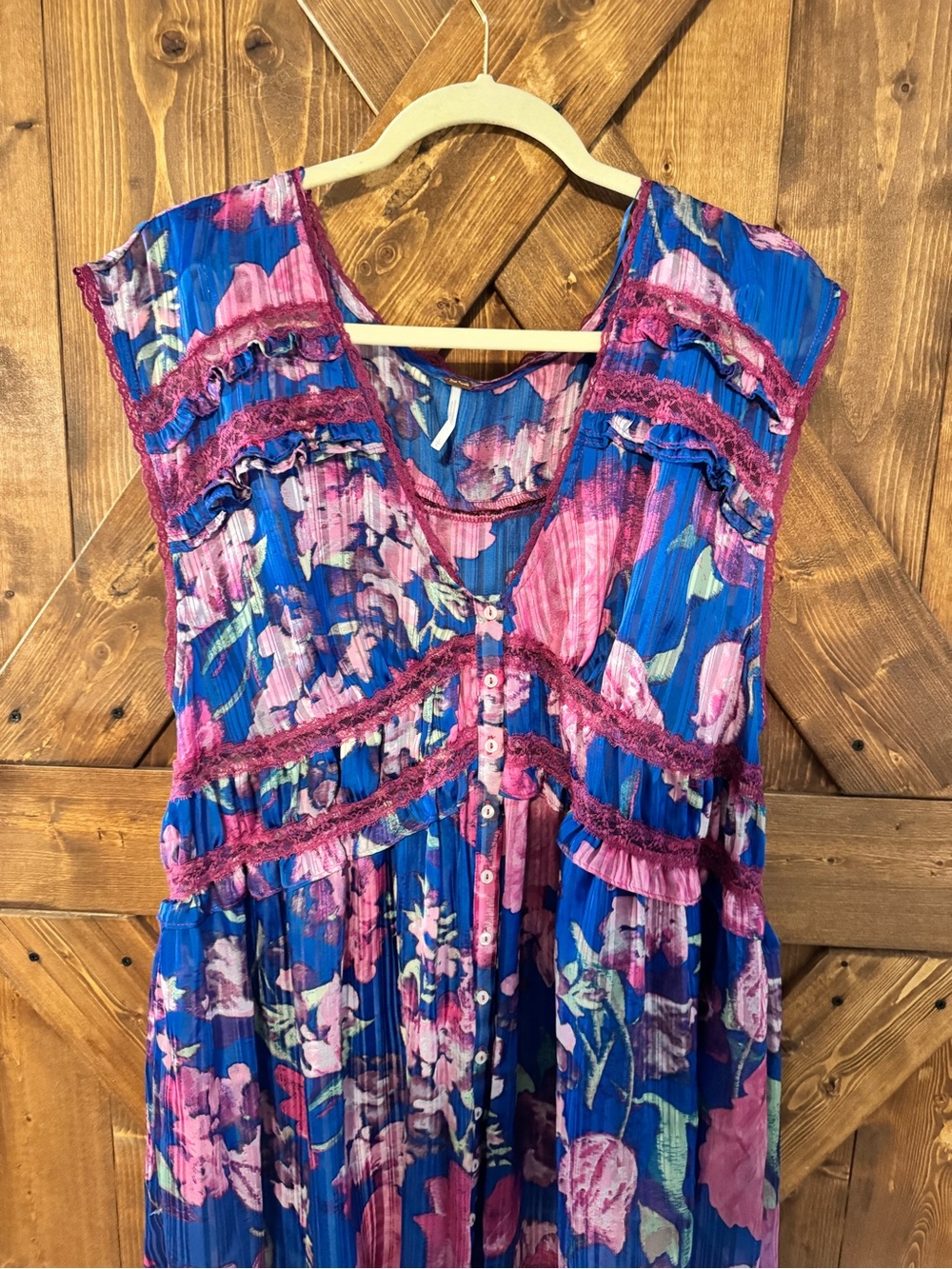 FREE PEOPLE SILK Floral Pleated Button-Front Dress in Blue and Magenta